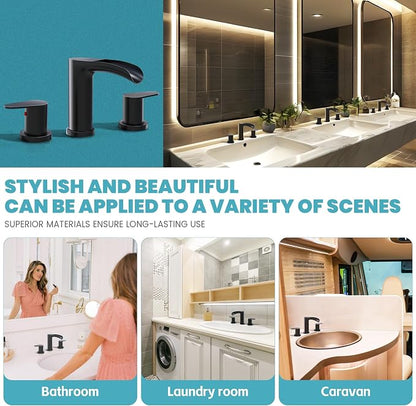 Black Bathroom Faucet - Waterfall Faucets Bathroom 8 Inch, 2 Handles Widespread Vanity Faucets 3 Holes for Lavatory Restroom RV Bathtub with Pop Up Drain & Supply Lines Matte Black
