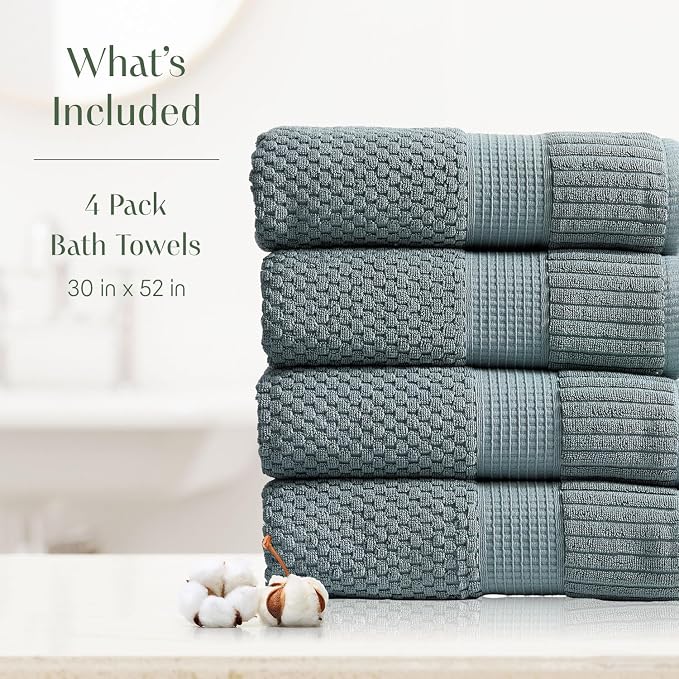 4 Pack 100% Cotton Bath Towels | Green Towels | Oeko‑TEX Standard 100 | Soft & Absorbent, Quick‑Dry | Trinity Collection - Stormy Sea