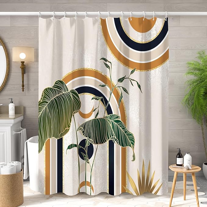 Green Brown Boho Shower Curtain Mid Century Abstract Plant Tropical Leaves Bath Curtain Modern Minimalist Geometric Arch Bath Decor Waterproof Polyester Fabric with Hooks 48x72 inch