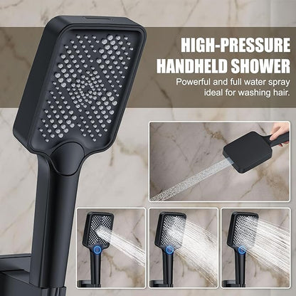 Rain Shower System 12IN Modern Brass Faucet Set With Valve and Diverter Shower Mixer With Handheld High Pressure Square Rainfall Shower Valve (12'' Ceiling Mount, Matte Black)