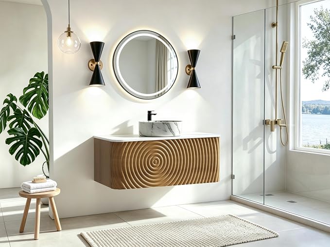 36" Floating Bathroom Vanity with Sink, Mid-Century Wall Mounted Bathroom Vanity Cabinet with Waved Decor, Marble Ceramic Basin, Sintered Stone Top, Soft Close Storage Drawer, Natural