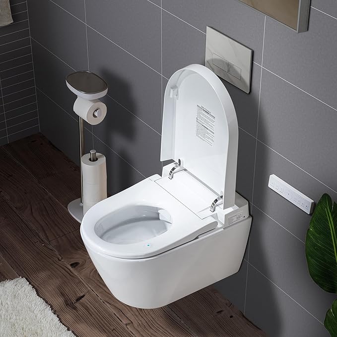 WOODBRIDGE Wall-Hung Smart Toilet with Dual-flush, Bidet Wash Function, Heated Seat & Dryer, Concealed Tank system and White Marble Stone Slim Flush Plates, LT611+ SWHT611+FP611-WH