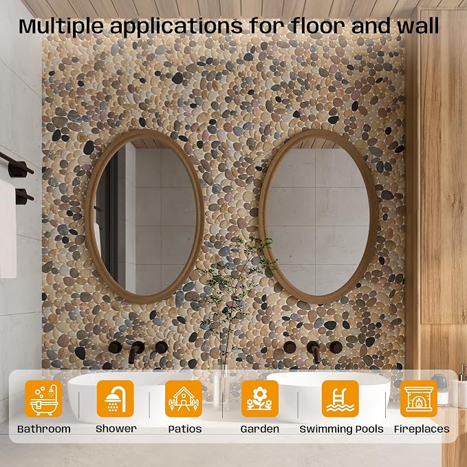 Pebble Tile for Shower Floor, Brown Stone Pebble Mosaic Tile Tumbled | Slip-resistant Pebble for Bathroom, Kitchen, Shower Floors, Walls & Outdoor Areas, Mesh-Backed Easy to Install, 5 SqFt