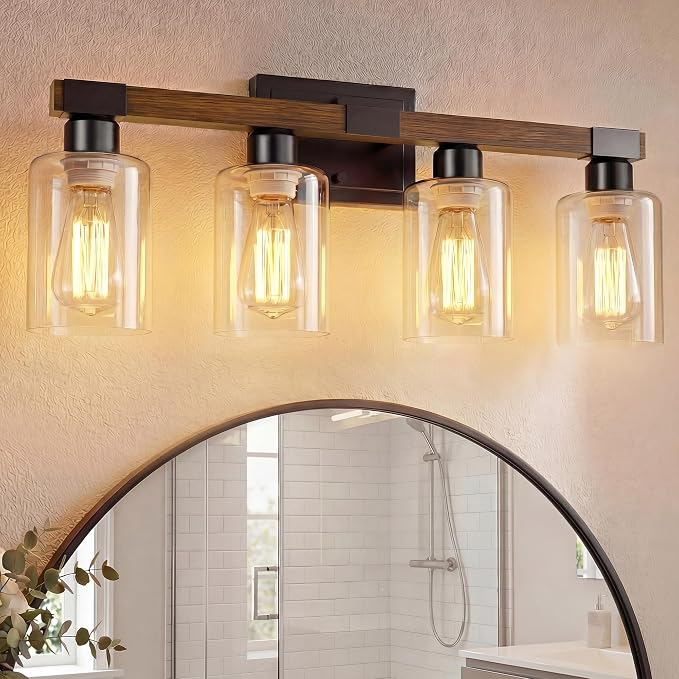 VOLISUN Farmhouse Bathroom Vanity Light Fixtures,4 Light,UL Certificated | 4 Light Bathroom Vanity Lights Over Mirror, Rustic Vanity Light for Bathrooms,Wood Bathrooms Lights Fixtures Over Mirror