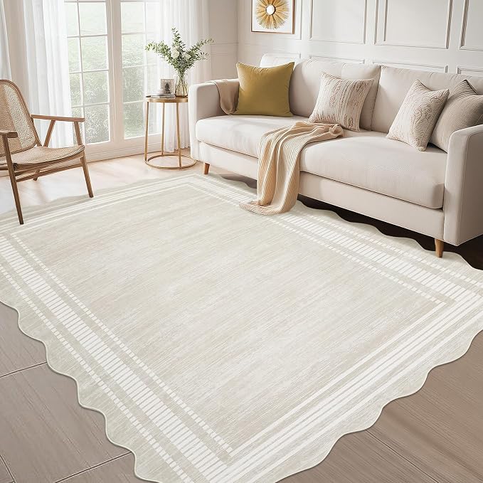 Garvee Scalloped Area Rug 9x12 Large Washable Rug for Living Room, Beige | Girls Rug for Bedroom, Non-Slip Soft Carpet for Bedroom, Scalloped Low-Pile Print Accent Rug for Dining Room Home Office