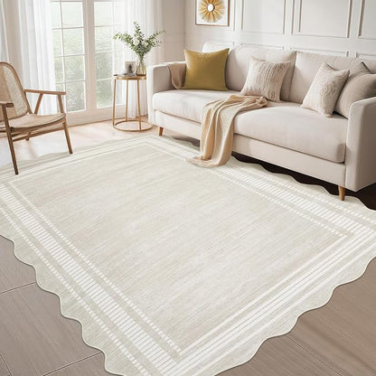 Garvee Scalloped Area Rug 9x12 Large Washable Rug for Living Room, Beige | Girls Rug for Bedroom, Non-Slip Soft Carpet for Bedroom, Scalloped Low-Pile Print Accent Rug for Dining Room Home Office