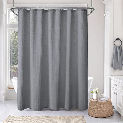 Extra Long Waffle Shower Curtain Heavyweight Cotton Fabric Grey 72Wx84L | Soft Cotton Cloth,3D Square Truely Waffle,Washable, Hotel Luxury Spa, Shower Curtains for Narrow Bathroom 12 Plastic Hooks