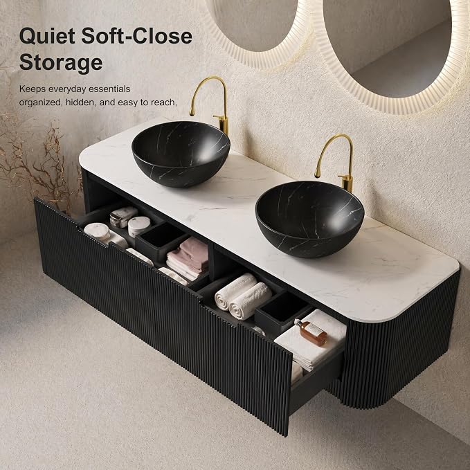 60 Inch Double Sink Bathroom Vanity, Floating Wall Mounted Cabinet, Black Curved Fluted Front, Stone Top, Dual Black Marble Vessel Basins, Pre-Assembled