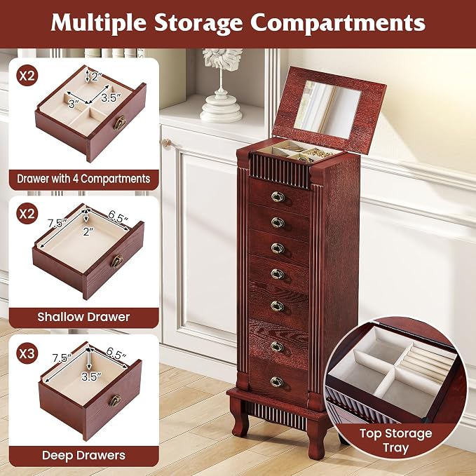 DREAMADE Jewelry Armoire, Standing Jewelry Box w/Mirror & 7 Drawers, Brown | Flip Top Organizer with 2 Side Doors and Anti-Toppling Device, Large Jewelry Cabinet Storage for Bedroom