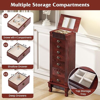 DREAMADE Jewelry Armoire, Standing Jewelry Box w/Mirror & 7 Drawers, Brown | Flip Top Organizer with 2 Side Doors and Anti-Toppling Device, Large Jewelry Cabinet Storage for Bedroom