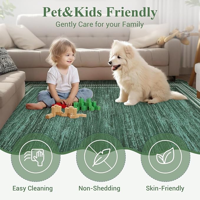 Garvee Scalloped Rug 9x12 Green Washable Rug for Living Room | Girls Rug for Bedroom Non-Slip Soft Carpet for Bedroom, Scalloped Low-Pile Print Accent Rug for Dining Room Home Office