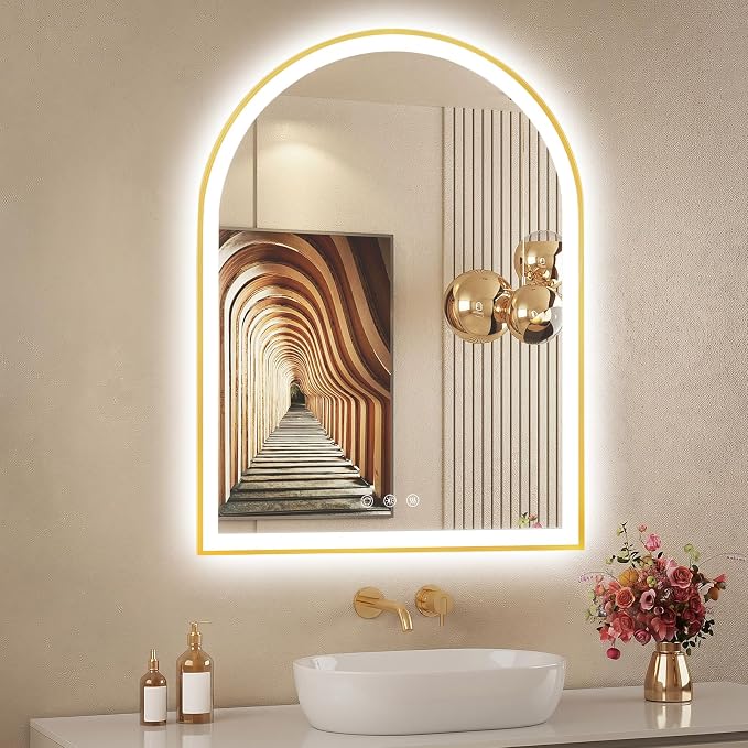 24"x32" Arched LED Lighted Bathroom Mirror with Lights | Gold Aluminum Frame, Fogless, Dimmable, Shatterproof, Touch Sensor, 3 Color Changing