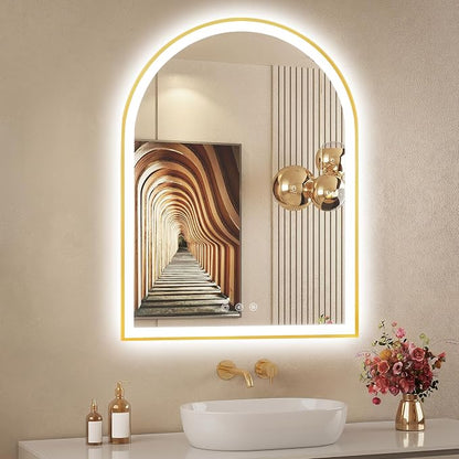 24"x32" Arched LED Lighted Bathroom Mirror with Lights | Gold Aluminum Frame, Fogless, Dimmable, Shatterproof, Touch Sensor, 3 Color Changing