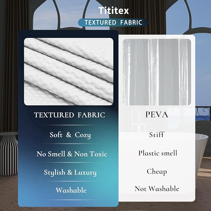Tititex Solid White Cloth Fabric Shower Curtain Liner with 2 Magnets - Texture Pressure Bubble Soft Hotel Quality Waterproof Shower Liner, Light-Weight & Machine Washable 72x74 inch