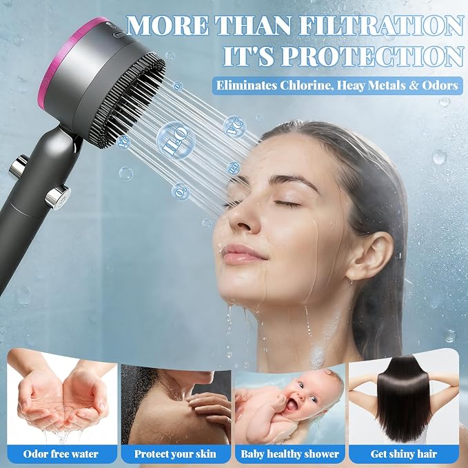 Filtered Shower Head with Handheld,High Pressure3+1Spray Mode Showerhead with Filters,Water Softener Filters Beads for Hard Water 360°Rotating Adjustable Shower Head with Wall Holder&ON/Off Switch