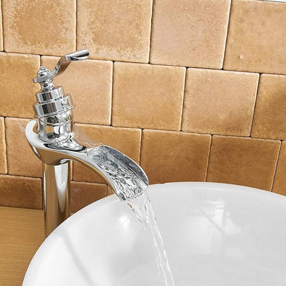 BWE Chrome Vessel Sink Faucet Waterfall with Pop Up Drain Assembly and Supply Hose Single-Handle Single Hole Bathroom Faucet Lavatory Mixer Tap Tall Body