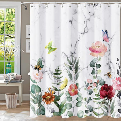Floral Shower Curtain, Marble Flower Shower Curtains for Bathroom, Watercolor Plant Bathroom Curtain, Fabric Shower Curtains for Home Hotels Bathtubs Decor Easy Care Machine Washable 72x72