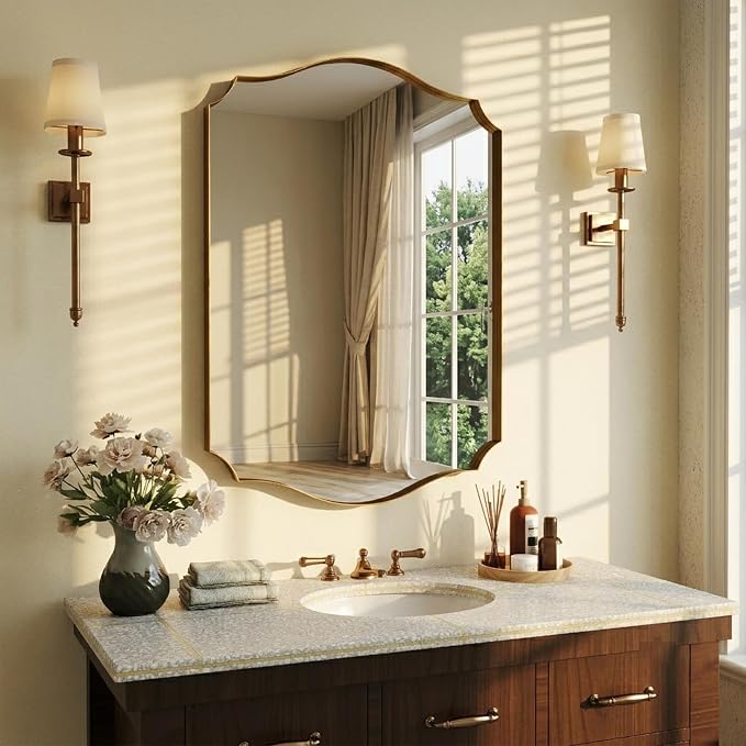 Gold Vanity Wall Mirror 30"x22", Scalloped Edge Bathroom Mirror | Rust-Proof Metal Frame, Hangs Vertically/Horizontally, Decorative Bathroom Mirror, For Vanity, Bedroom & Entryway