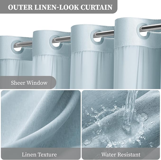 Fog Blue Ringless Linen Textured Shower Curtain with Snap Liner, 72x75 | 3 in 1 Modern Shower Curtain Set, Removable Liner, Waterproof & Washable, Mesh Top Window, Durable Fabric, Easy to Install