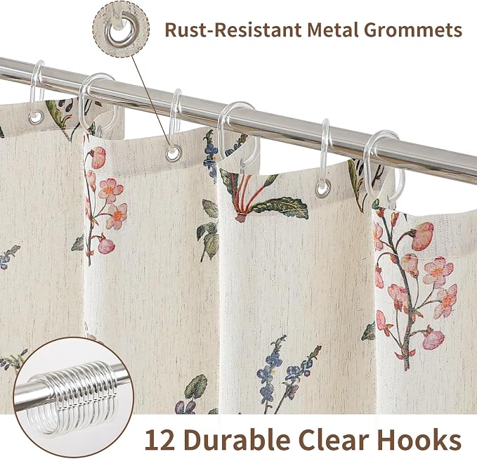 Colorful Star French Country Floral Linen Shower Curtain, 72" W x 78" L | Waterproof Shower Curtain Set with 12 Clear Hooks for Bathroom, Vintage Boho Farmhouse Linen Fabric Bathroom Curtains