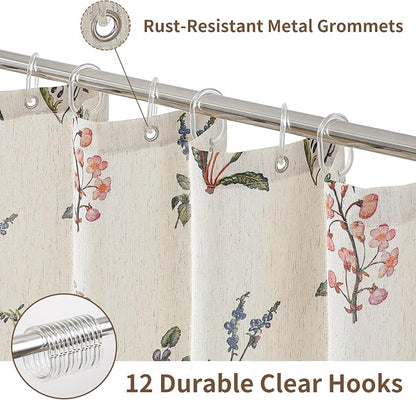 Colorful Star French Country Floral Linen Shower Curtain, 72" W x 78" L | Waterproof Shower Curtain Set with 12 Clear Hooks for Bathroom, Vintage Boho Farmhouse Linen Fabric Bathroom Curtains