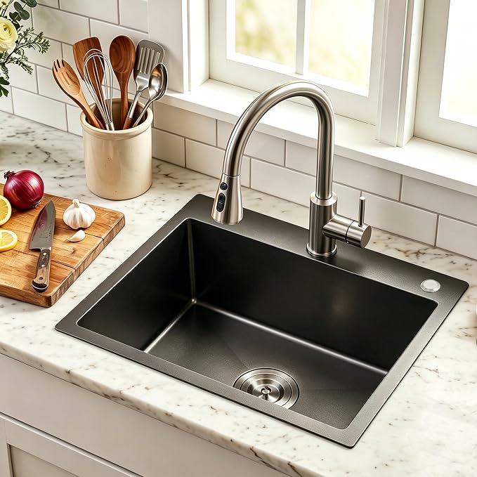 23x18 Inch Kitchen Sink,304 Stainless Steel Drop in Sink | Black Kitchen Sink,9" Deep Single Bowl ,Topmount with 2 Holes, R10 Tight Corner, for Modern Kitchen/RV/Outdoor Sink