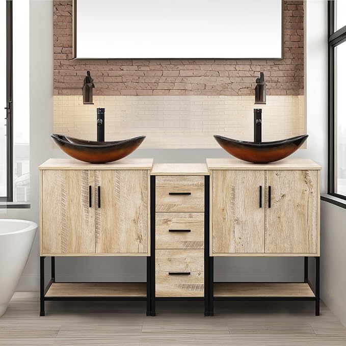 UEV Rustic Oak 60" Double Bathroom Vanity with Sink Combo,Industrial Iron Frame 2 Main Bathroom Vanity with Middle 3 Drawers Cabinet,Modern Brown Boat Tempered Glass Vessel Sink(029BR)