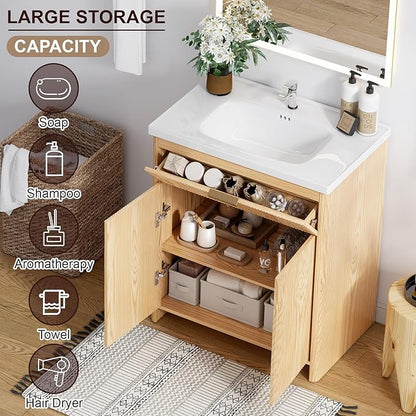 Bathroom Vanity with Sink, 32 Inch Single Bathroom Vanity with Sink with Storage Cabinet for Small Space, Freestanding Storage Bathroom Vanity with 2 Soft Closing Cabinets, Nature Wood