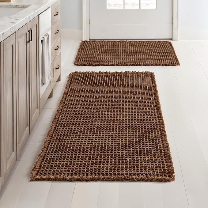 MIULEE Set of 2 Waffle Bathroom Rugs Boho Bath Mat Mocha 17"x24"+20"x32" | Non Slip, Super Absorbent, Washable, Ultra Soft, Rubber Backed Bath Rugs for Bathroom Floor Tub Shower