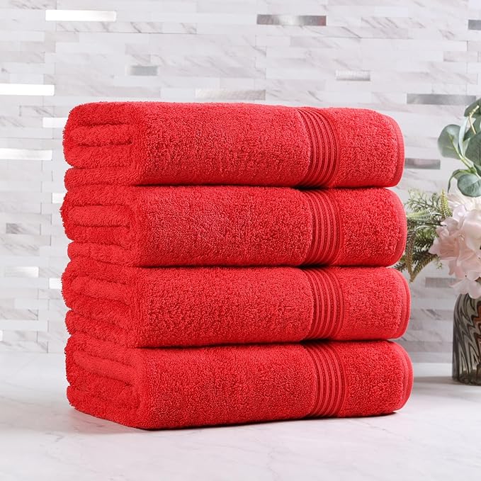 SUPERIOR Egyptian Cotton Bath Towel Set, Towels for Home Bathroom, Master, Guest Bath, Decor Essentials, Quick Dry, Absorbent, Large Body Towels, Spa, Hotel, Resort, Adult, Kids, Set of 4, Red