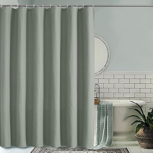 OVZME Extra Long Shower Curtain Set- 96 Inch Long Waffle Weave Heavy Duty Fabric Shower Curtains for Bathroom, Luxury Heavy Duty Thick Cloth Shower Curtain with 12 Plastic Hooks, 72x96, Sage Green