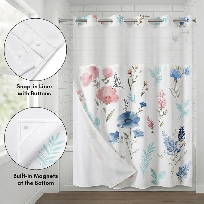 Americanflat 72x75 Hookless Shower Curtain - Water-Resistant Floral Shower Curtain with Sheer Panel, Snap-in Liner, and Grommets - 100% Polyester - Botanical Bathroom Curtains - Pink, Blue and White