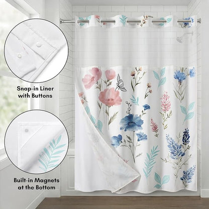 Americanflat 72x75 Hookless Shower Curtain - Water-Resistant Floral Shower Curtain with Sheer Panel, Snap-in Liner, and Grommets - 100% Polyester - Botanical Bathroom Curtains - Pink, Blue and White