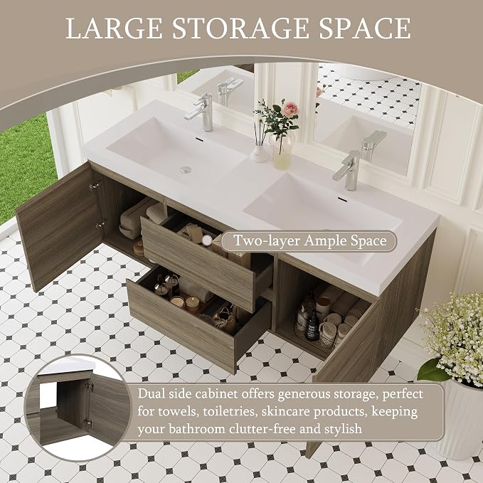 KEIKI 60'' Wall-Mounted Bathroom Vanity with Double Sinks - Floating Design, 2 Soft-Close Drawers & Doors & Resin Basin, Space-Saving for Small Bathrooms, Ash Grey