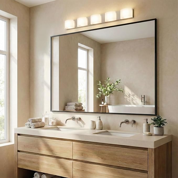 48"x36" Matte Black Large Framed Bathroom Vanity Wall Mirror | Large Vanity Wall Mirror, Slim Metal Frame, Dresser or Sideboard Use, Vertical/Horizontal Mount, Tempered Glass