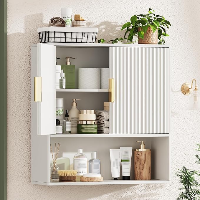 Bathroom Wall Storage Cabinet, Over the Toilet Storage Cabinet with Fluted Doors & Adjustable Shelf, Wood Medicine Cabinet Wall Mounted for Bathroom, Laundry Room & Kitchen, Natural Oak