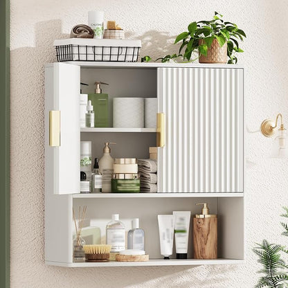 Bathroom Wall Storage Cabinet, Over the Toilet Storage Cabinet with Fluted Doors & Adjustable Shelf, Wood Medicine Cabinet Wall Mounted for Bathroom, Laundry Room & Kitchen, Natural Oak