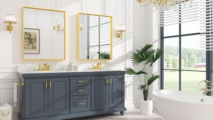 Keonjinn 30x36 Inch Gold Bathroom Mirror for Over Sink, Vanity Mirror | HD Tempered Glass, Rectangular, Brushed Framed, Square Corner, Modern Farmhouse, Wall Mounted Mirrors, Aluminum Alloy