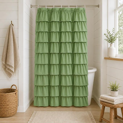 Green Ruffle Shower Curtain for Bathroom, 36x72 inch, 1 Panel, 6ft | Elegant Ruffled Drape, Cottagecore Bathroom Style, Shabby Chic Ruffles, 36 x 72, 12 Hooks Included, Machine Washable, Cloth