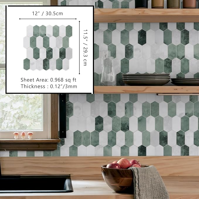 The Tiles Plaza 10-Sheet Peel and Stick Backsplash, 12" x 11.5" Green Cement Long Hexagon Self Adhesive Wall Tile, Stone Composite Stick On Decorative Mosaic Tile for Kitchen Bathroom Fireplace