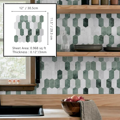 The Tiles Plaza 10-Sheet Peel and Stick Backsplash, 12" x 11.5" Green Cement Long Hexagon Self Adhesive Wall Tile, Stone Composite Stick On Decorative Mosaic Tile for Kitchen Bathroom Fireplace
