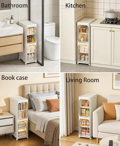 2-Tier Narrow Storage Cabinet Slim Bathroom Skinny Organizer with Wheels | Slim Storage Cabinet with Lockable Rolling Wheels Adjustable Detachable Shelves Snap Assembly for Small Spaces,Snow White