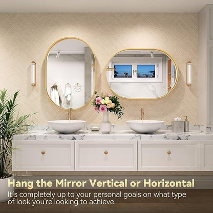Brightify Gold Oval Mirror for Bathroom 26x38 Inch, Metal Framed Bathroom Vanity Mirrors, Modern Wall Mirror for Bedroom Living Room Wall Decorative Hang Vertical and Horizontal