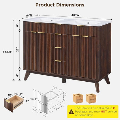 T4TREAM 48" Fluted Bathroom Vanity with Resin Sink Combo，Freestanding Modern Bathroom Storage Vanity Cabinet with Soft Closing Doors & 2 Drawers，Wood Grain Texture，Metal Handle，Dark Walnut