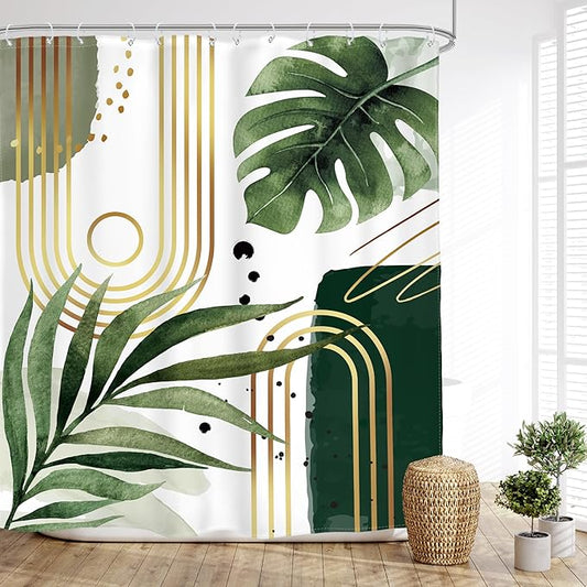 Glawry Green Gold Boho Mid Century Shower Curtain Extra Long Abstract Tropical Plant Minimalist Modern Geometric Bathroom Palm Leaf 72Wx84L Inches Bath Accessories Art Home Decor Fabric 12 Pack Hooks