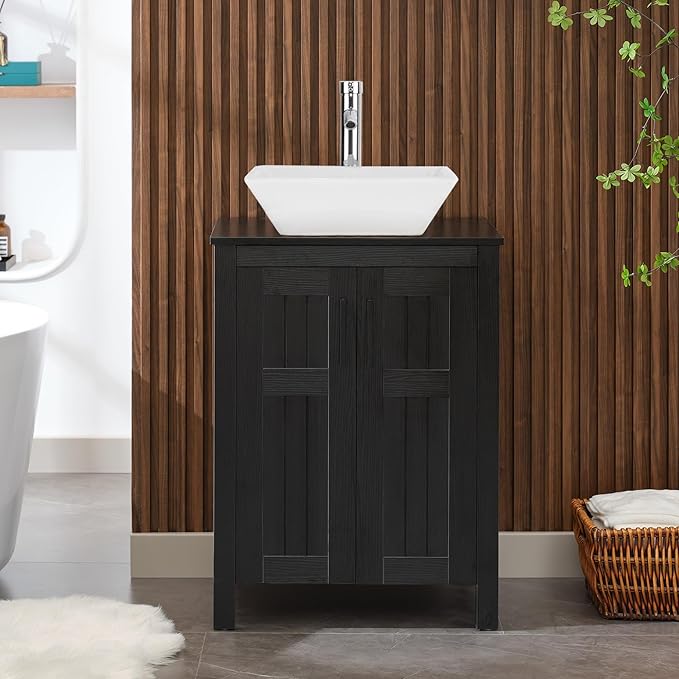 UEV Black 24" Bathroom Vanity with Sink Combo,Modern Vanity with Vessel Sink,Stylish Bathroom Vanity Cabinet,Grooved Doors & Metal Handles,Modern White Square Bowl Ceramic Vessel Sink(A07)