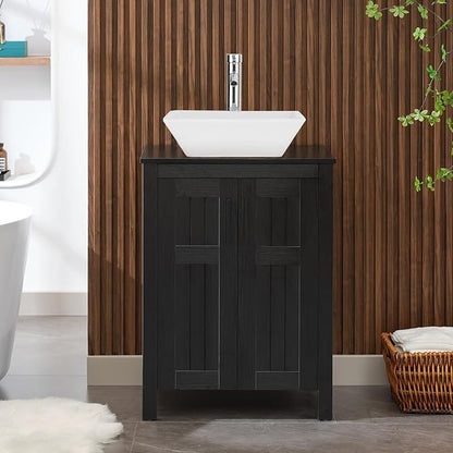 UEV Black 24" Bathroom Vanity with Sink Combo,Modern Vanity with Vessel Sink,Stylish Bathroom Vanity Cabinet,Grooved Doors & Metal Handles,Modern White Square Bowl Ceramic Vessel Sink(A07)