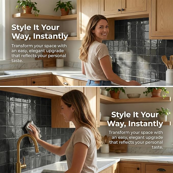 Charcoal Black 4 Sheets 6x6 Inch Peel and Stick Subway Tile Backsplash, Self Adhesive Wall Tiles for Kitchen Bathroom, Thick Waterproof Heat Resistant, Easy Install No Grout, Renter Friendly