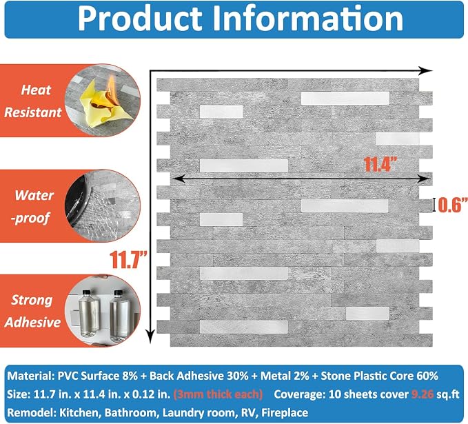 DICOFUN 10 Sheets Peel and Stick Backsplash Wall Tiles, PVC Kitchen Backsplash Peel and Stick in Grey, 9.4 sq.ft