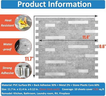DICOFUN 10 Sheets Peel and Stick Backsplash Wall Tiles, PVC Kitchen Backsplash Peel and Stick in Grey, 9.4 sq.ft